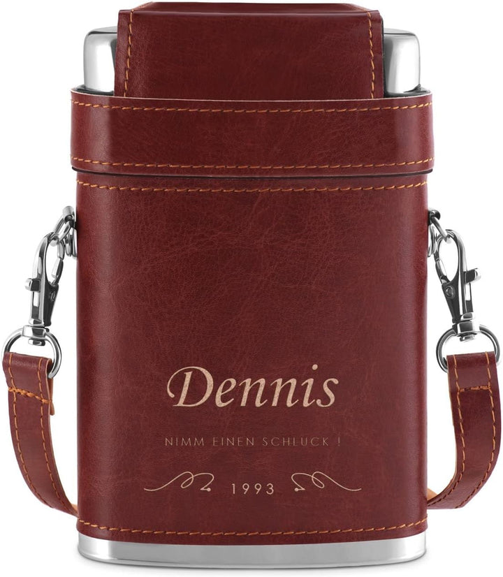 Maverton Flachmann mit Gravur - personalisiert - 250 ml - aus Edelstahl - 3x10 ml Pinnchen - Lederet