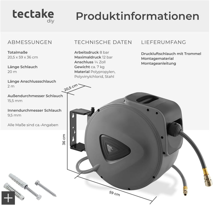 tectake 800801 Druckluftschlauch Aufroller mit ¼ Zoll Schnellkupplung, Aufroll-Automatik mit Schlauc