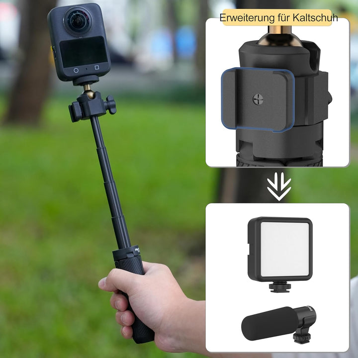 MINIFOCUS Ausziehbares Mini-Kamerastativ, 360°-Kugelkopf mit Blitzschuh, 4-stufige Verstellung Mini-