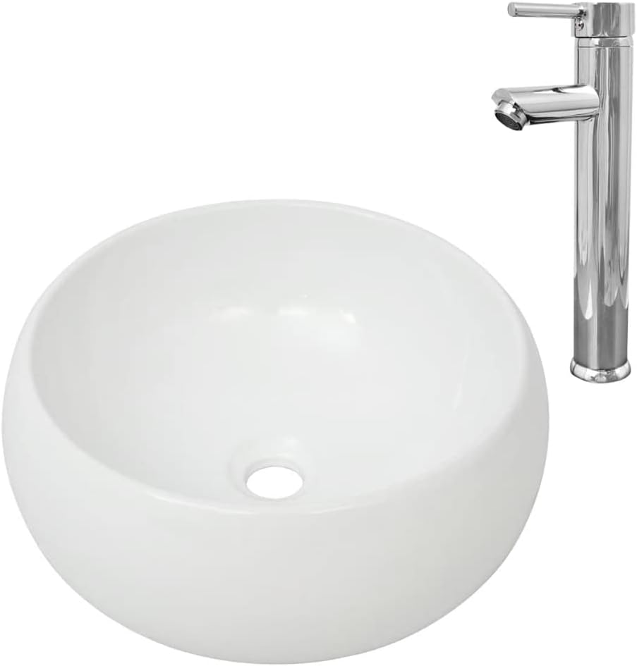 WIFESE Bad-Waschbecken mit Mischbatterie Keramik Rund Weiss 40x16 CM Aufsatzwaschbecken Eckig Badezi