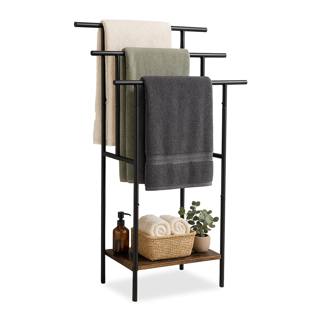 Relaxdays Handtuchständer, Ablage, 3 Stangen, HBT: 100 x 68 x 30 cm, Industrial, stehender Handtuchh