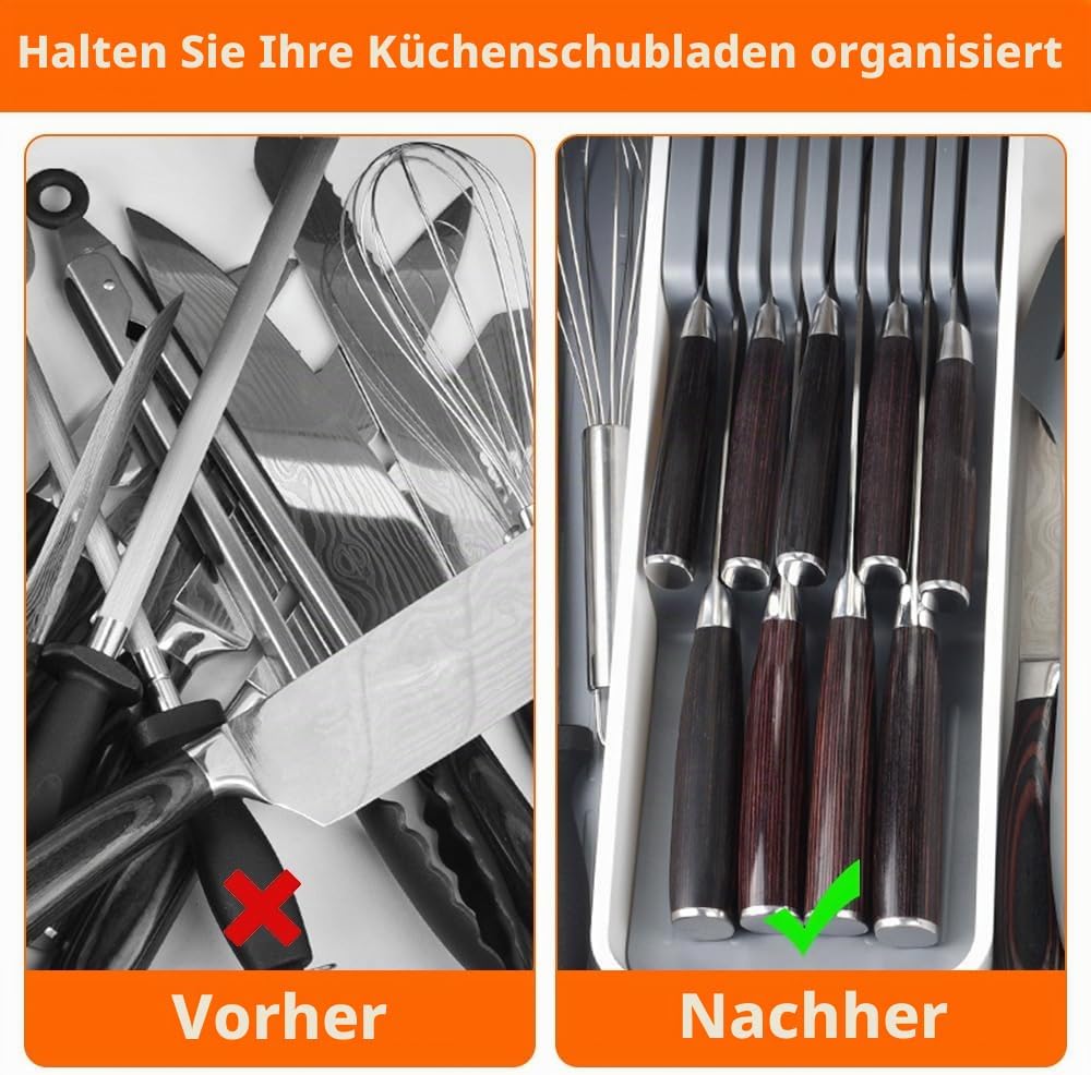 HEKOBAG Schubladen-Messer Organizer, Messerblock Schublade Küchen Messerhalter für 9 Messer, 14–22,5