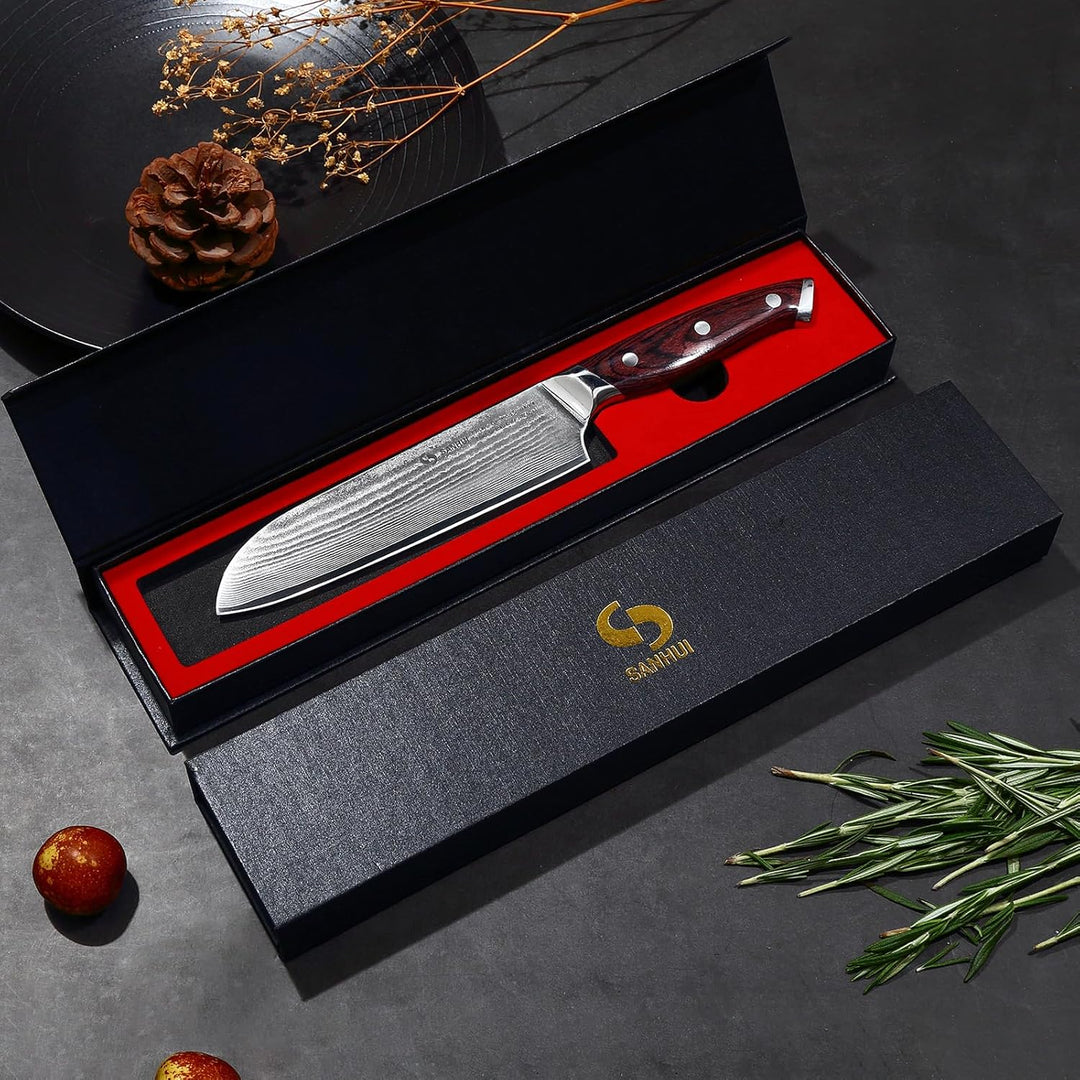 Santokumesser 18 cm, Profi Damastmesser aus 67 Lagen echten Damaststahl, Ultrascharfes Santoku Messe