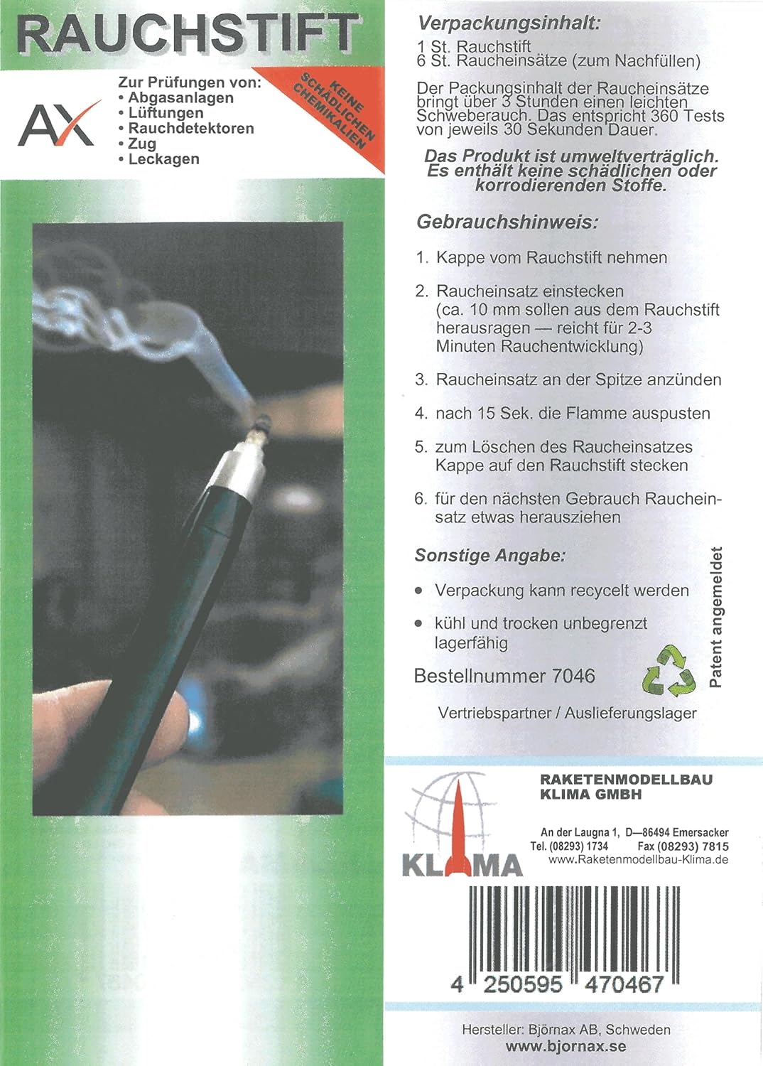 Rauchstift (Halter mit 6 Raucheinsätzen) / Smoke Pen + 6 Smoke Sticks