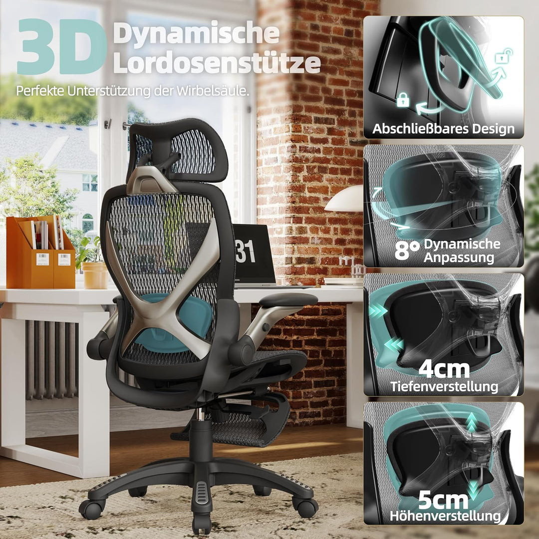 ELABEST X100 Ergonomischer Mesh-Bürostuhl mit Hoher Rückenlehne &amp; Fussstütze | 3D-Lordosenstütze, 12