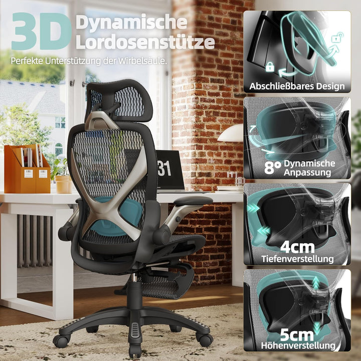 ELABEST X100 Ergonomischer Mesh-Bürostuhl mit Hoher Rückenlehne &amp; Fussstütze | 3D-Lordosenstütze, 12