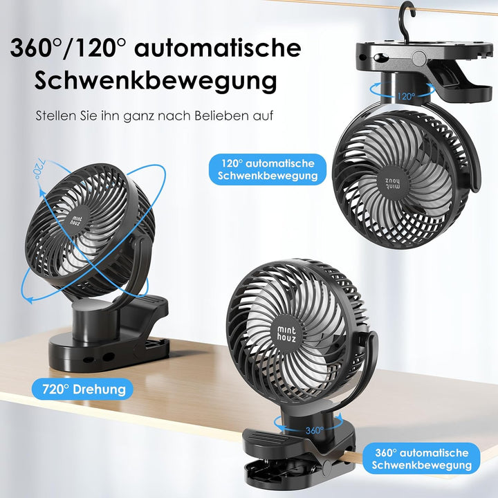 Minthouz Clip Ventilator, 8000mAh USB Tischventilator 4 Windstufen, 6 Zoll | Max 38h Laufzeit, Beleu