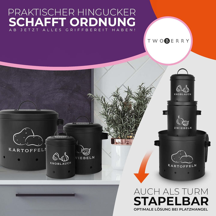 TWOBERRY Kartoffel Aufbewahrungsbox [3er Set] inkl. Sparschäler- längere Haltbarkeit durch 360° Luft