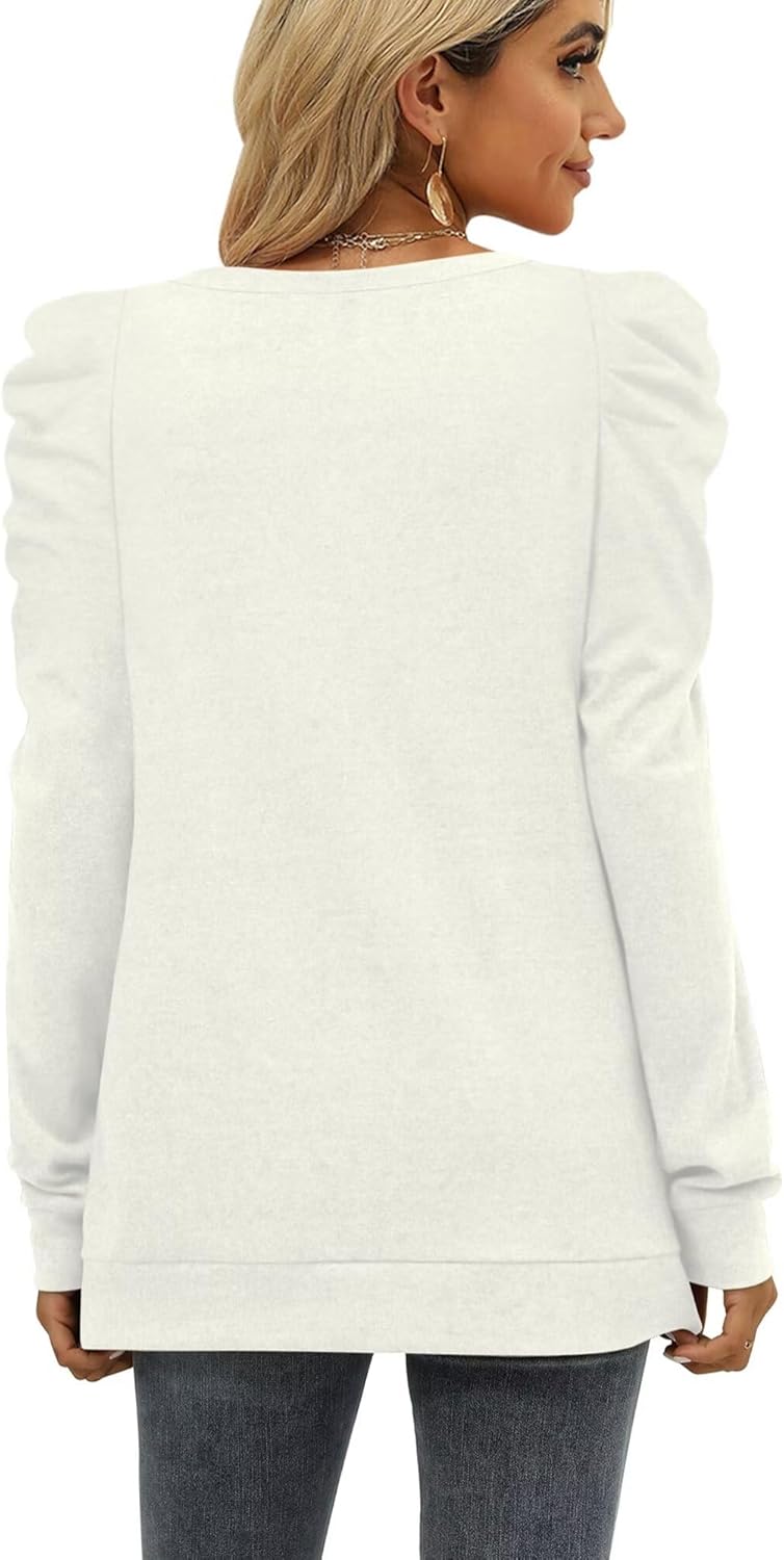XIEERDUO Puffärmel Pullover Damen Herbst Sweatshirt Elegant V Ausschnitt Langarm Shirt Weiss S, Wei&