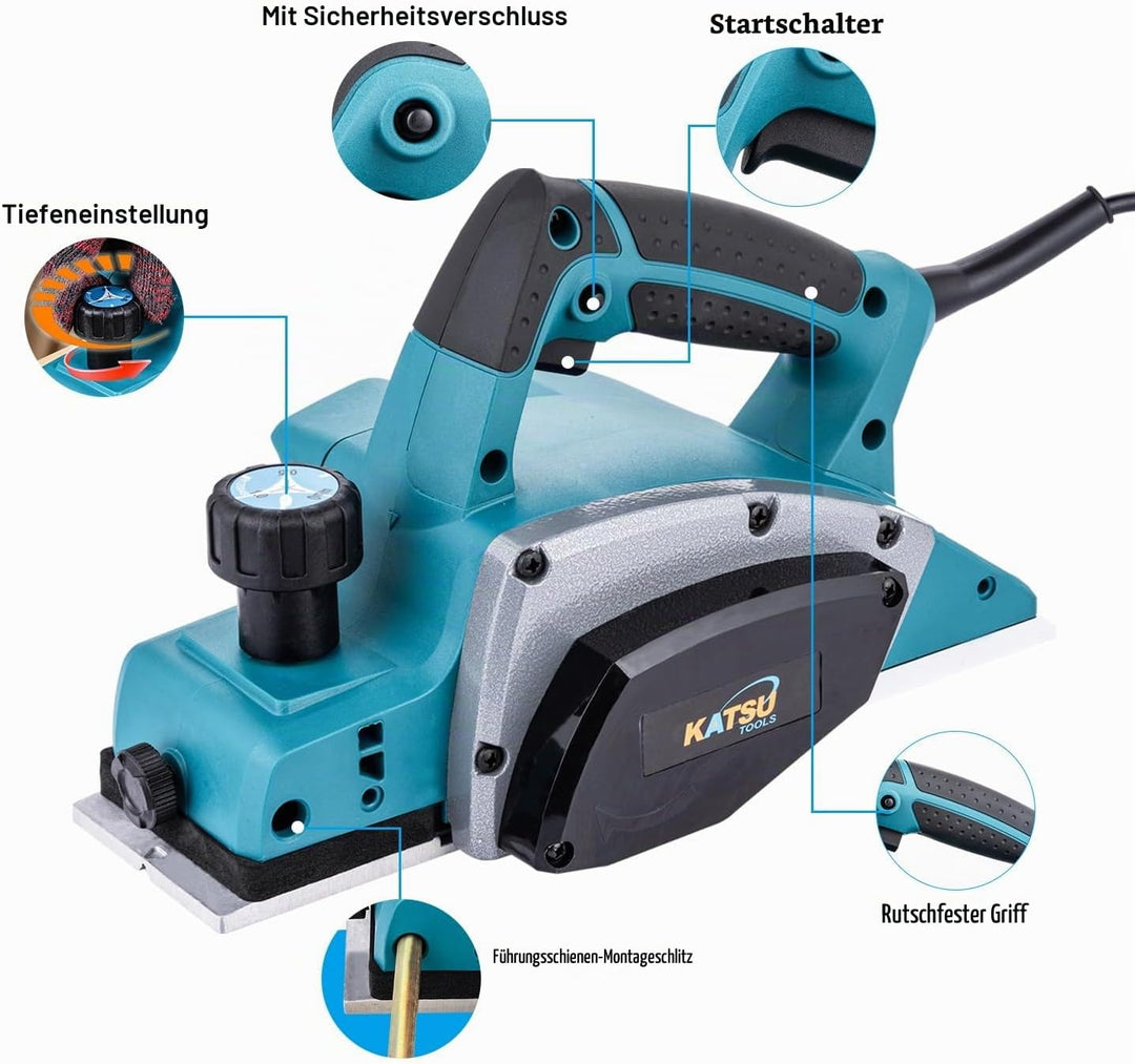 KATSU Tools Elektrohobel, 600 W, handgeführter, kabelgebundener Holzhobel, 82 mm Hobelbreite, 2 mm S