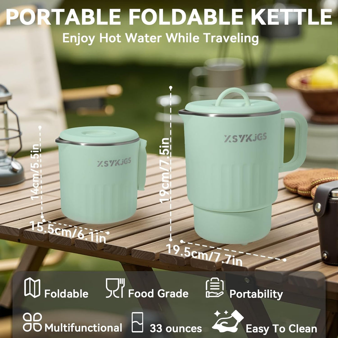 Faltbarer Wasserkocher 1L Grün Reise Camping Wasserkessel - 600W 304 Edelstahl Elektrischer Wasserko