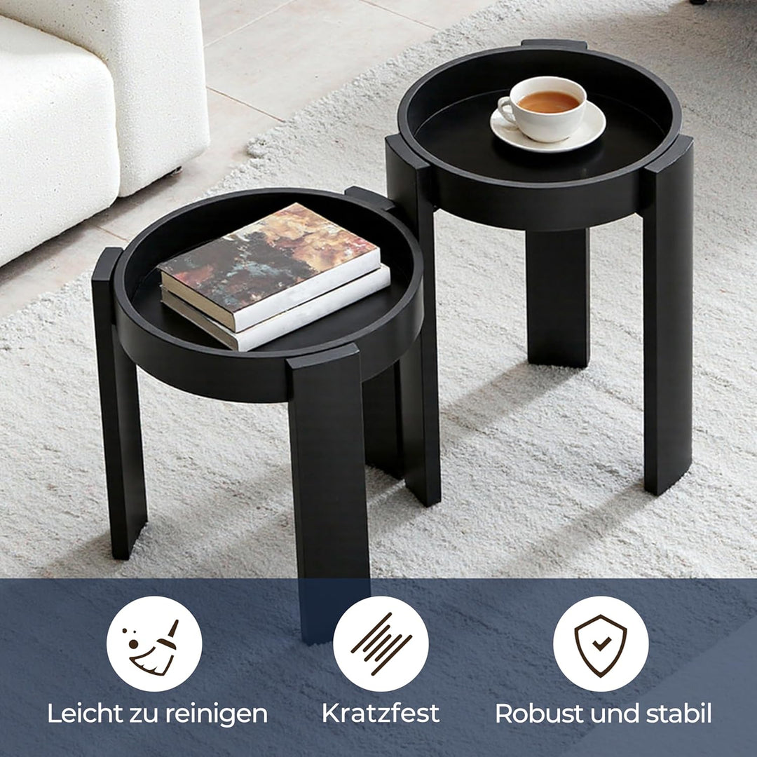 Hometopia 2er Holz Beistelltisch Schwarz mit Tablett, Couchtisch Rund | Runde Satztische aus MDF,Nes