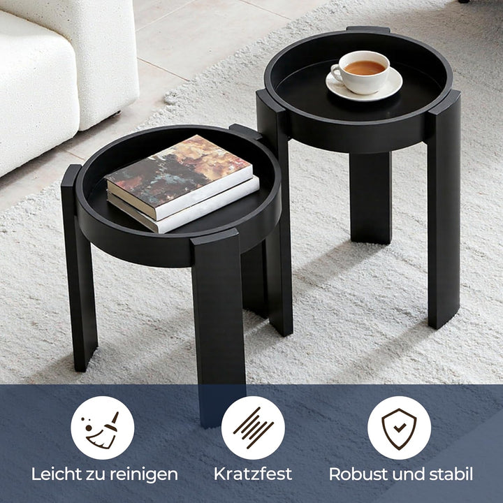 Hometopia 2er Holz Beistelltisch Schwarz mit Tablett, Couchtisch Rund | Runde Satztische aus MDF,Nes