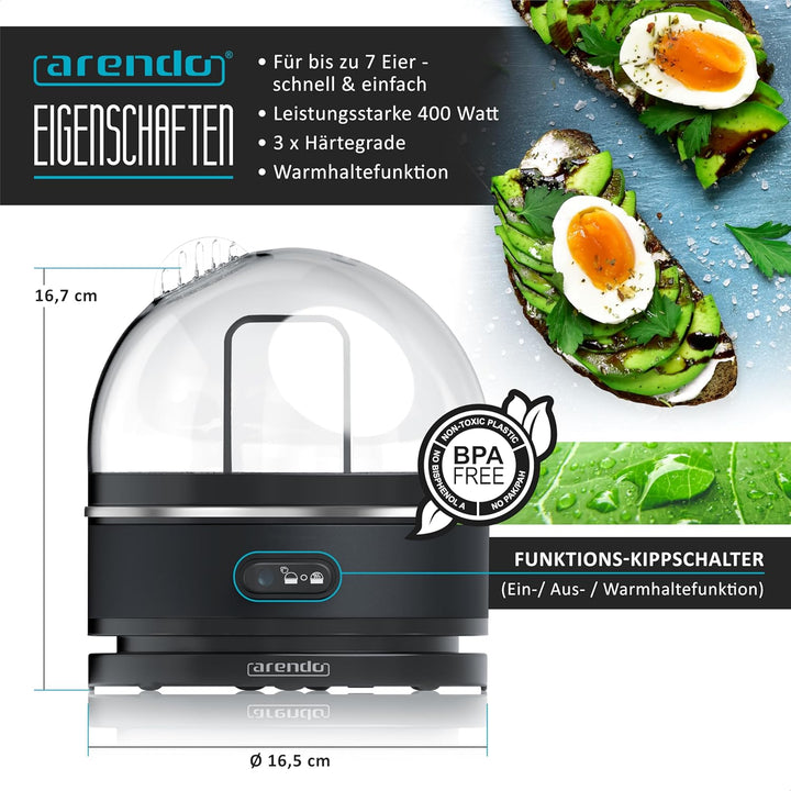 Arendo Sevencook Eierkocher 400 W – Edelstahl Design - 1-7 Eier - Egg Cooker - EIN/AUS-Schalter – 3