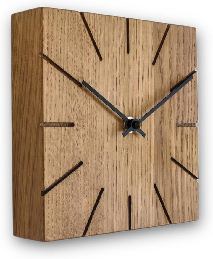 Wanduhr Tischuhr Eiche Holz - Beam - geräuscharm Massivholz Design 17 x 17 cm (Räuchereiche Schwarze
