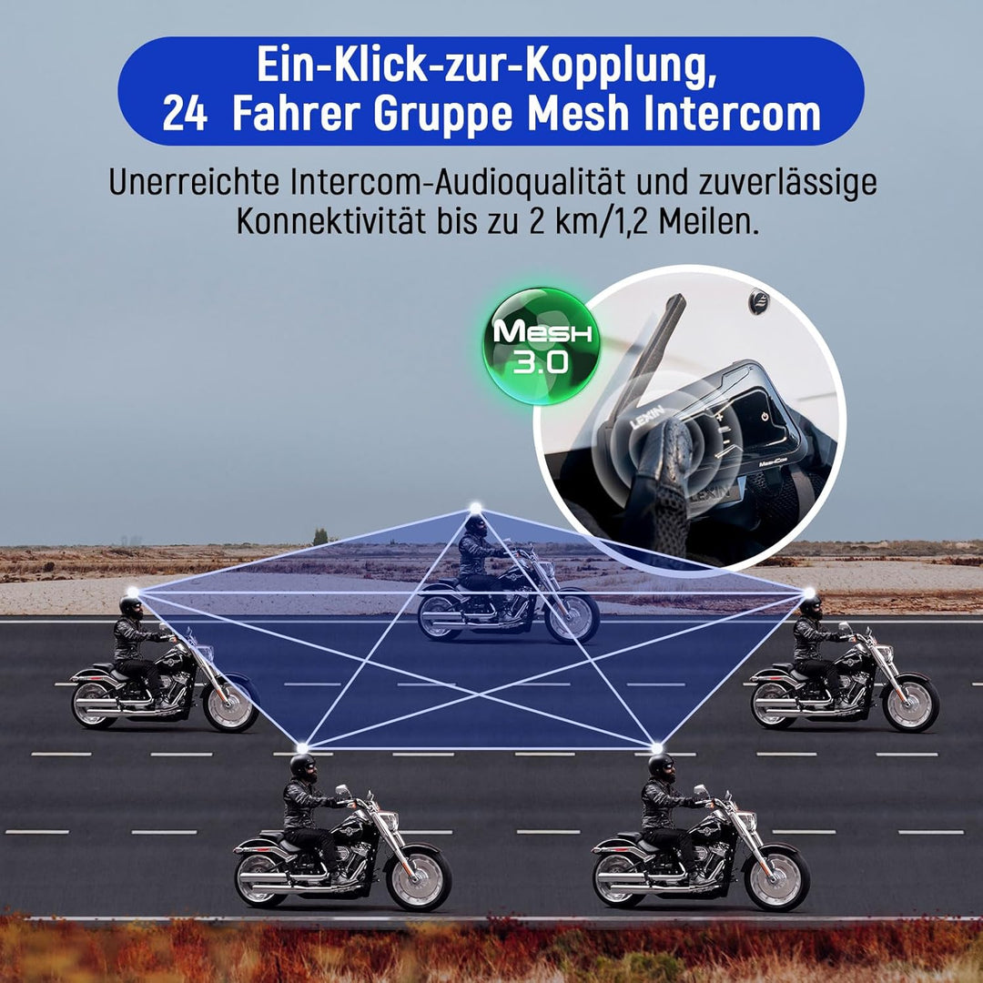 LEXIN MeshCom Motorrad Headset Mesh 3.0, Helm Kommunikationssystem, Motorradhelm Gegensprechanlage m