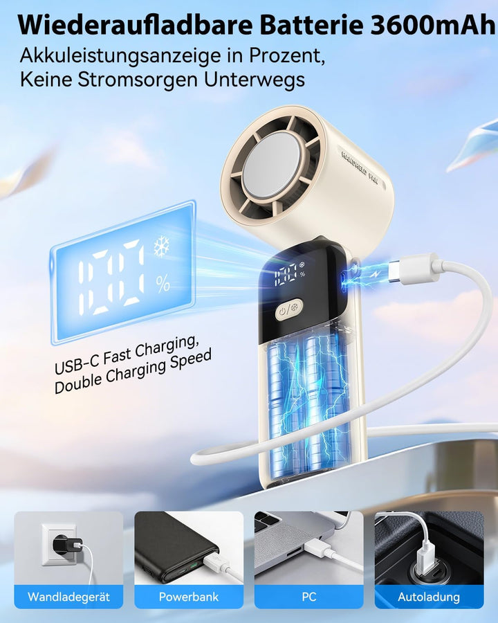 Timiyou Tragbarer Handventilator mit 100 Windstufen &amp; Eiskühlung | 3-in-1 Turbo 9m/s, 3600mAh Akku 1