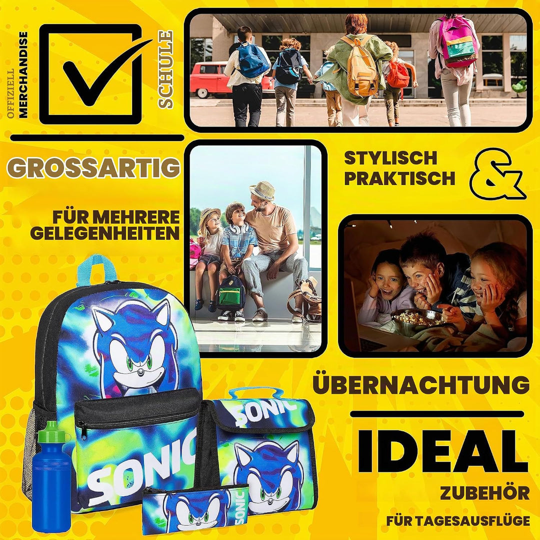 SONIC THE HEDGEHOG Schulrucksack Jungen Set, 4 STK. Rucksack Kinder Set Shadow Knuckles Trinkflasche