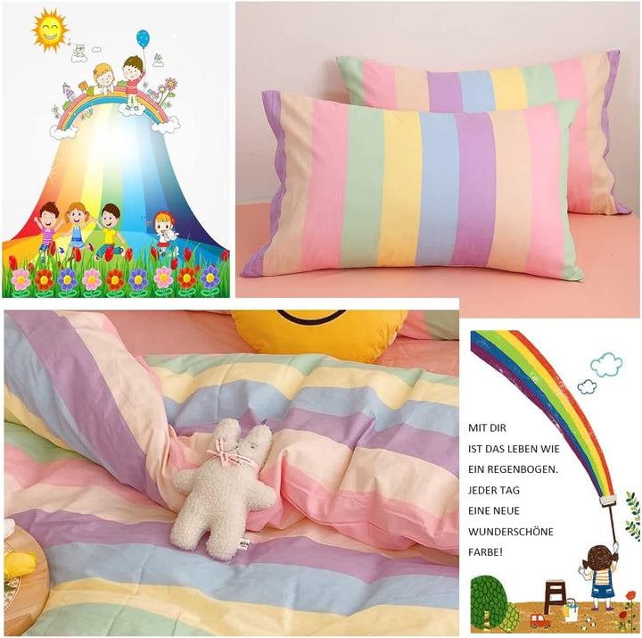 Koudi Bunt Mädchen Bettwäsche 100x135 Kinderbettwäsche Mehrfarbig Regenbogen Streifen Muster Bettbez
