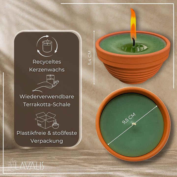 Lavalis 4x kleine Outdoor Kerzen, handbefüllte Terrakotta Kerzen aus recyceltem Wachs, 15h Brenndaue