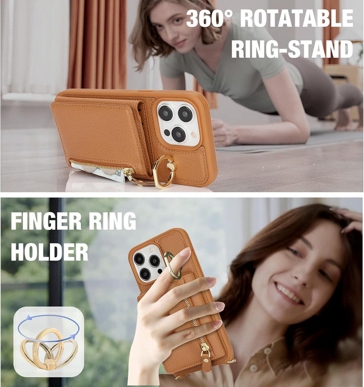 ELTEKER Handyhülle für iPhone 15 Pro Max Hülle mit Band Kartenfach Handykette Ringhalterung Geldbörs