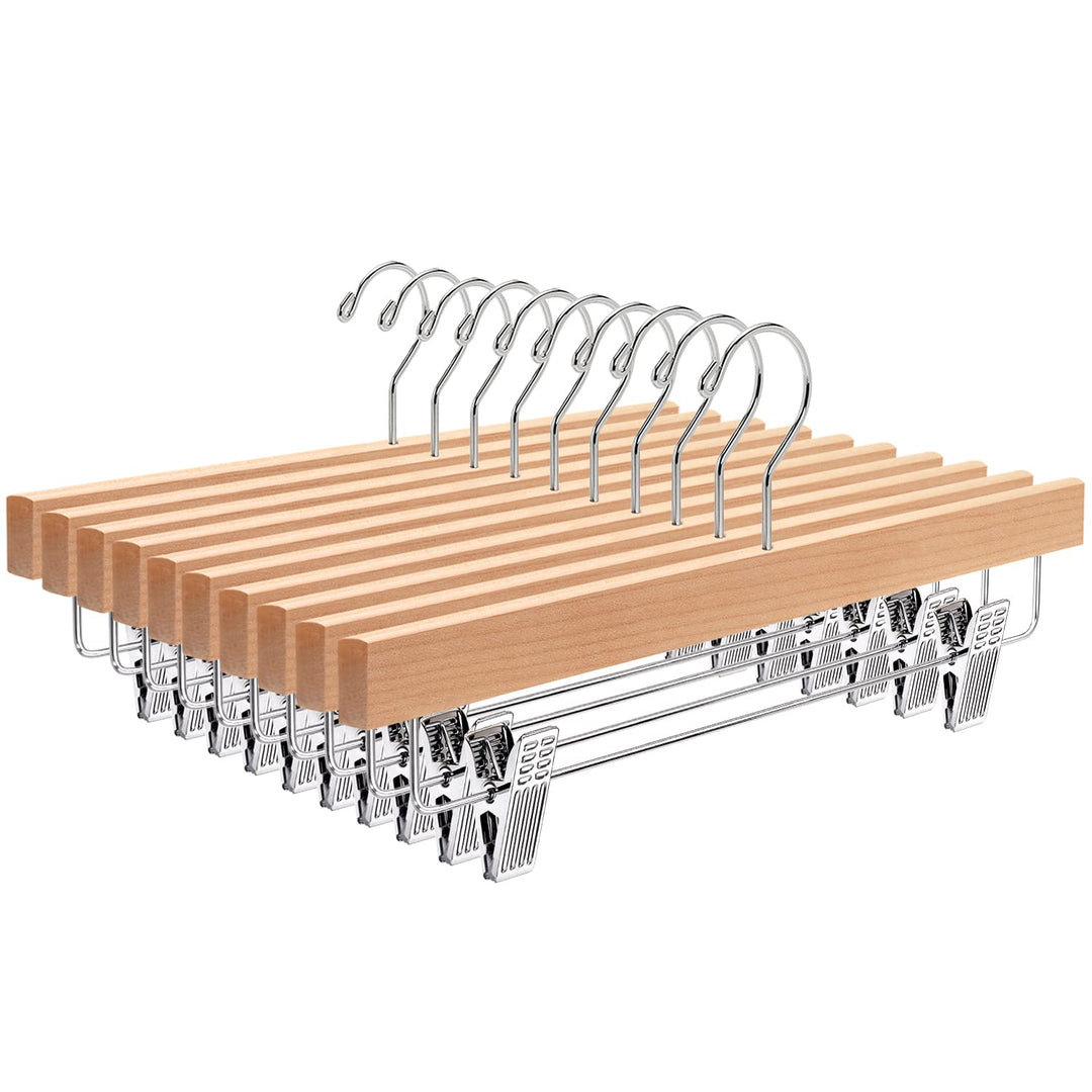 Amber Home 10 Stück 35,5cm Kleiderbügel aus Holz für Hose, Natürliche | Verstellbare Rutschfest Clip