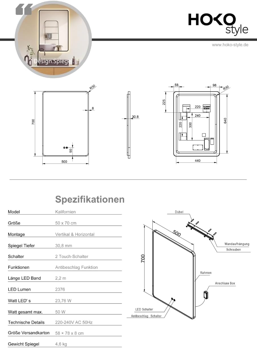 HOKO Antibeschlag LED Badspiegel 50x70 cm / 70x50 cm Kalifornien mit Schwarzer Metallrahmen, HOCH+QU