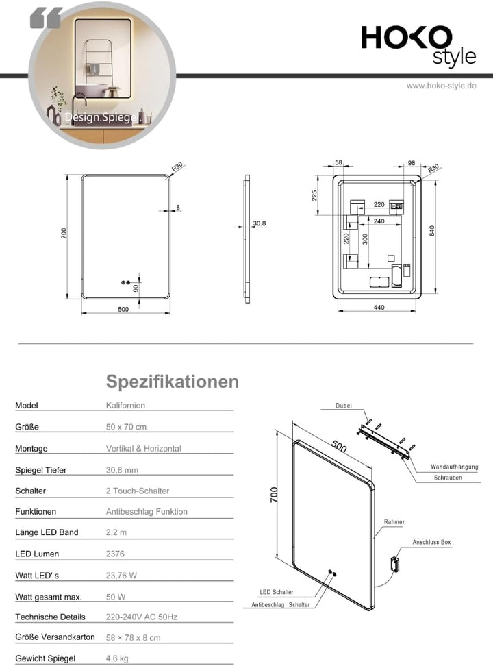HOKO Antibeschlag LED Badspiegel 50x70 cm / 70x50 cm Kalifornien mit Schwarzer Metallrahmen, HOCH+QU
