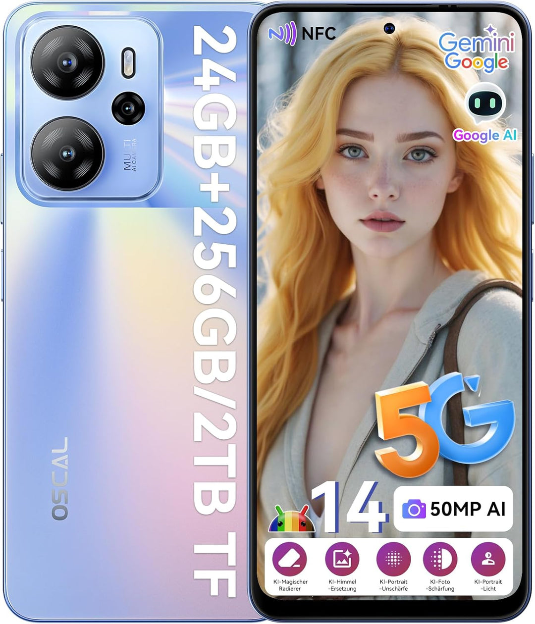 OSCAL Tiger 13 5G Handy ohne Vertrag Gemini AI 24GB+256GB/2TB, Android 14 Smartphone ohne Vertrag 90