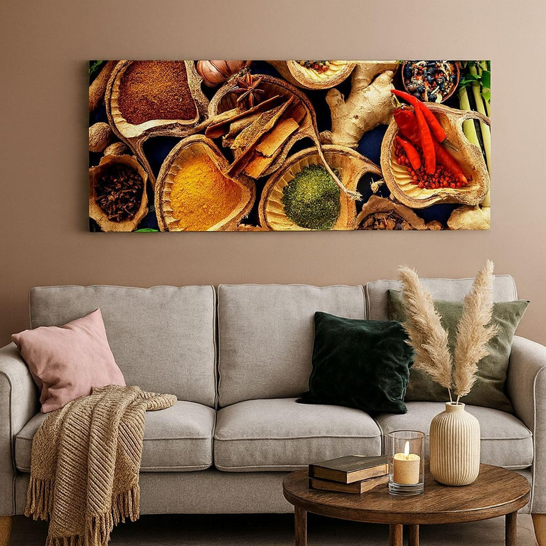 Wandbilder Dekoration Wohnzimmer Essen Kräuter Gewürze Panorama Bilder auf Leinwand 120x50cm Leinwan