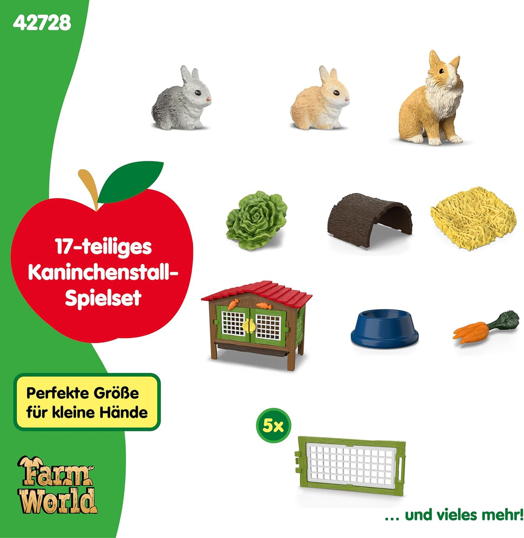 schleich Farm World | Kaninchenstall 42728 | Set aus 3 Kaninchen, mit Stall, Futter und vielem Zubeh