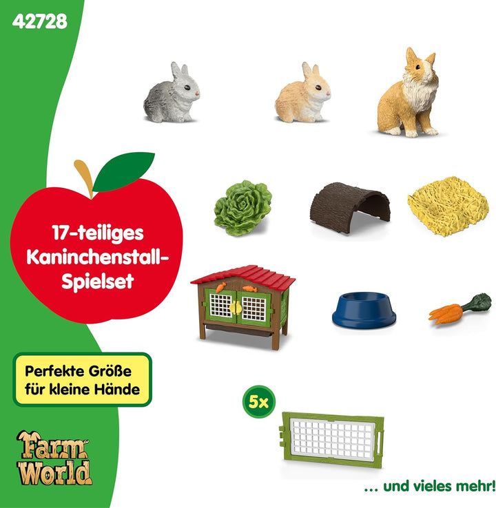 schleich Farm World | Kaninchenstall 42728 | Set aus 3 Kaninchen, mit Stall, Futter und vielem Zubeh