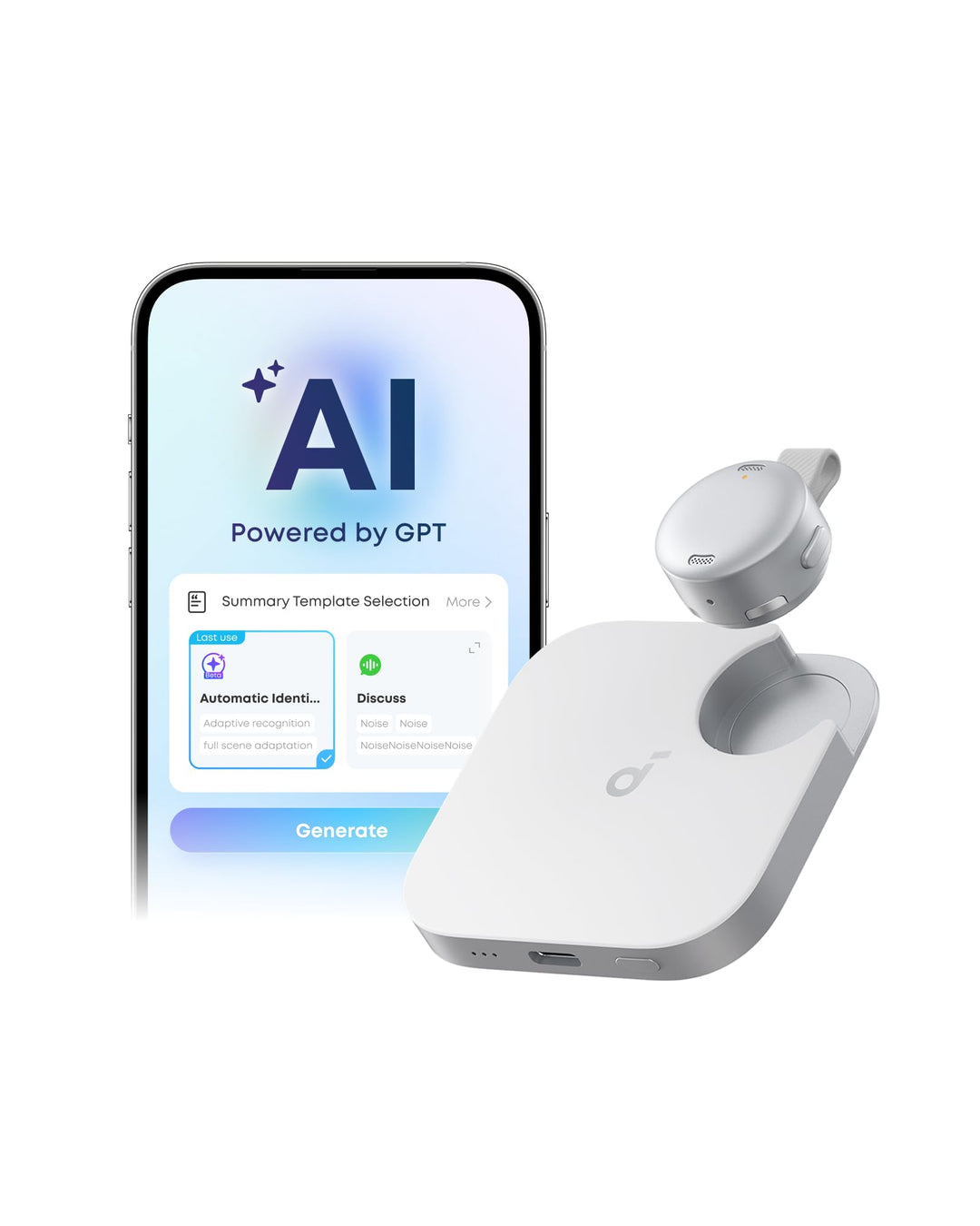 soundcore Work by Anker, tragbares KI-Diktiergerät, KI-Transkription & Zusammenfassung, 6 Monate Pro