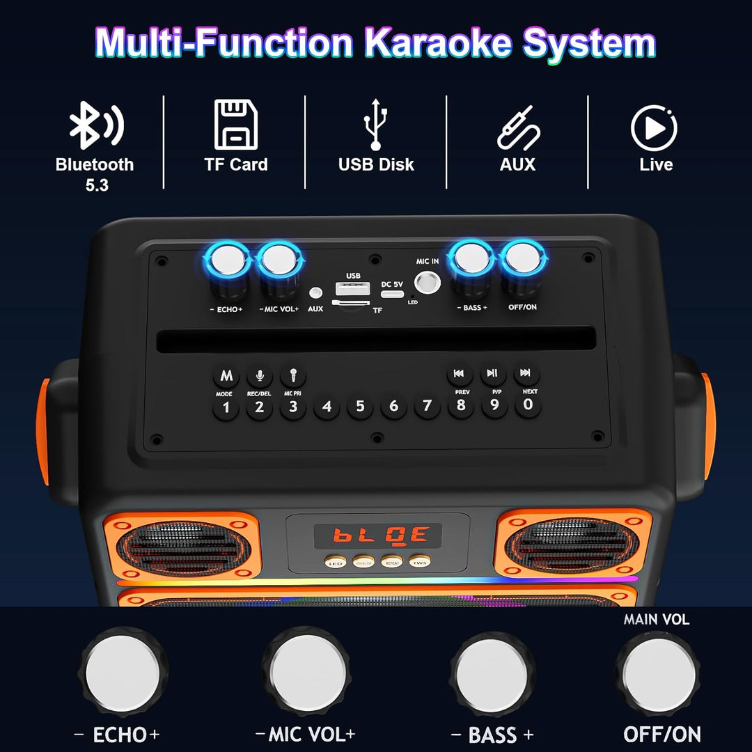 Karaoke Maschine mit 2 Mikrofone, GuKKK Tragbaren Bluetooth Lautsprecher Box und DJ-Lichtern für Erw