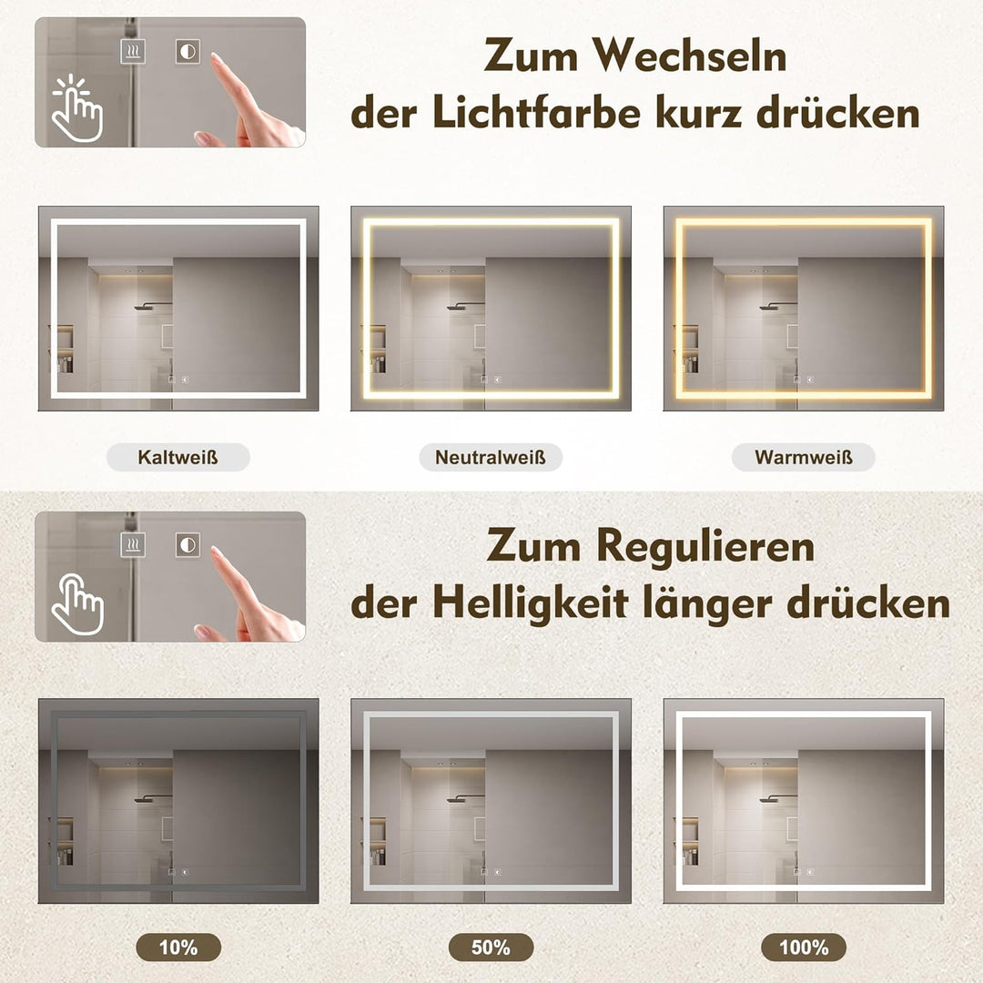 SONNI Badspiegel mit Beleuchtung 80x60cm + 80cm Ablage, Touch Badezimmerspiegel 3 Lichtfarben, Anti-