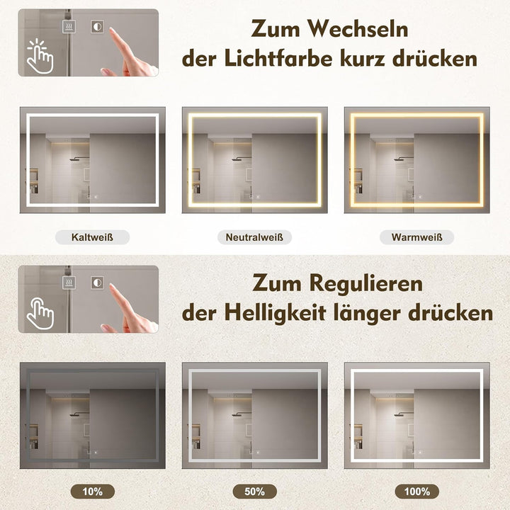 SONNI Badspiegel mit Beleuchtung 80x60cm + 80cm Ablage, Touch Badezimmerspiegel 3 Lichtfarben, Anti-