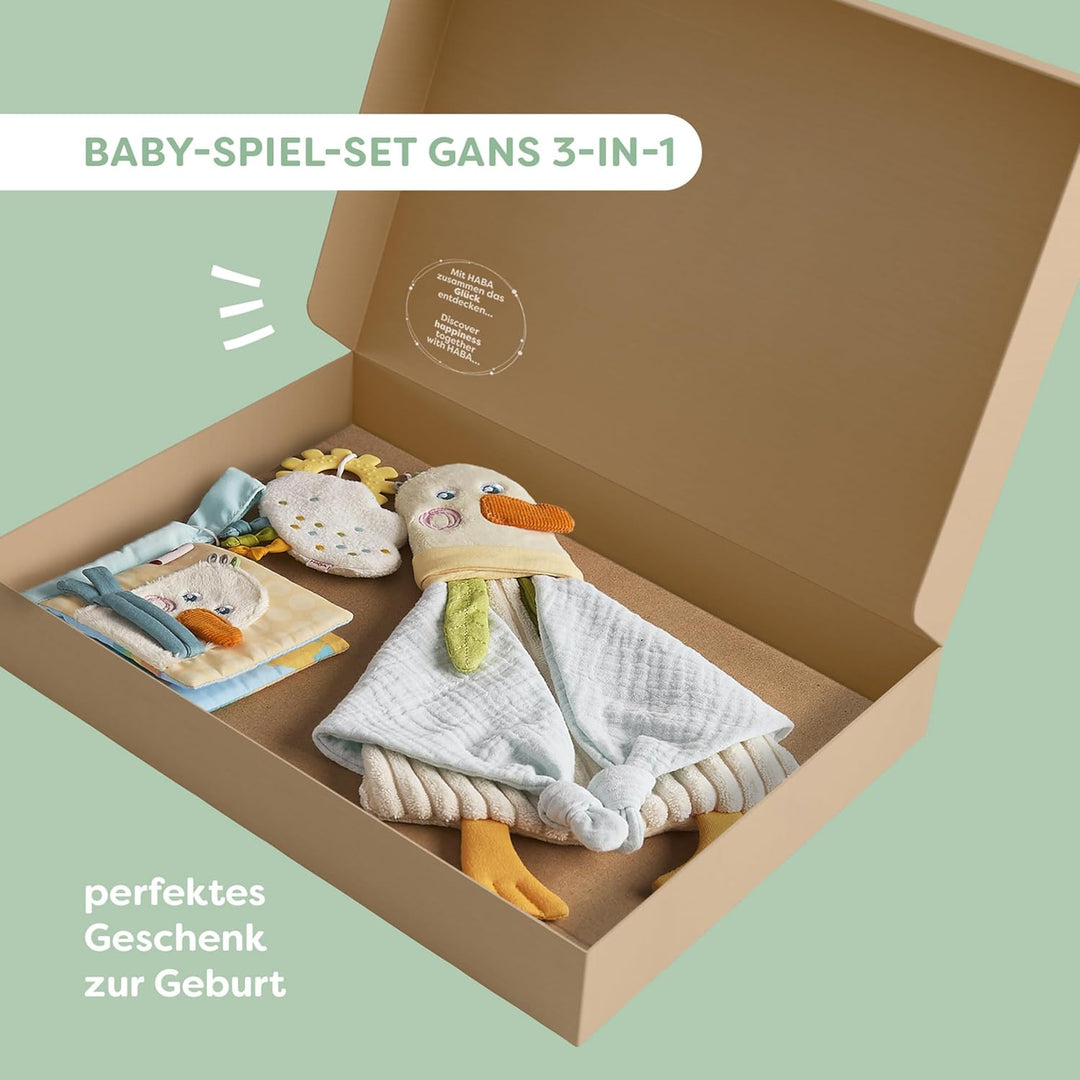 HABA Baby-Spiel-Set Gans 3-in-1 – Geschenkset mit Greifling, Knisterbuch & Schmusetuch, Sinnesspielz