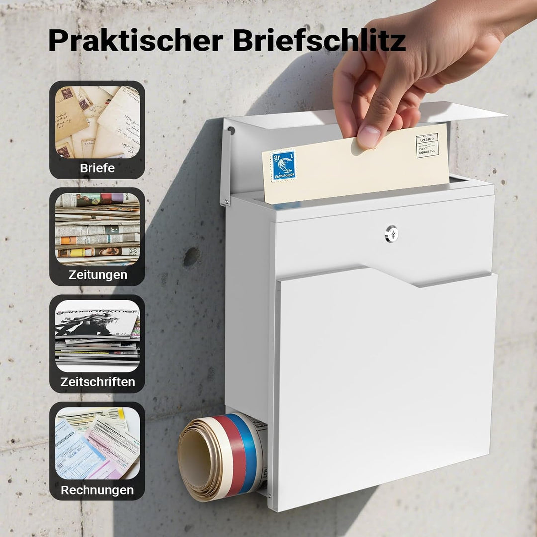 Wiltec Designer Briefkasten V19 weiss 370 x 102 x 370 mm, Wandbriefkasten mit Schloss und Zeitungsro