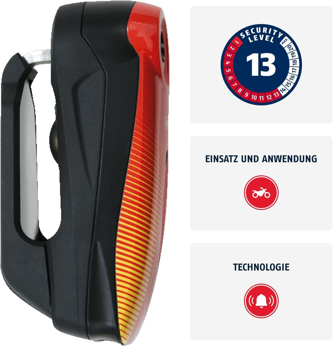 ABUS Bremsscheibenschloss Detecto 7000 RS1 – Motorradschloss mit Alarm – sonic red one size Rot (Son