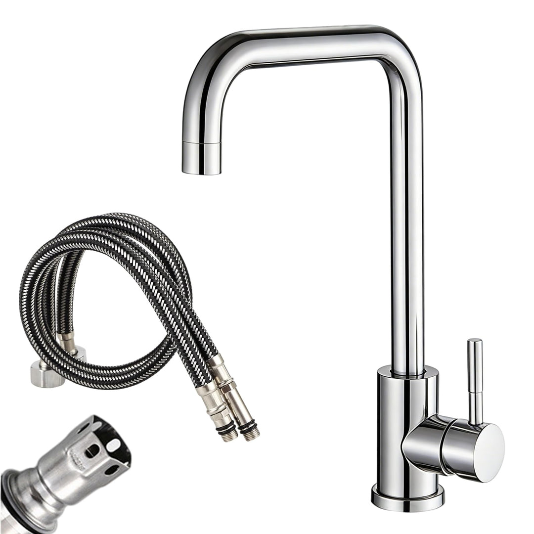 Silber Wasserhahn Küche aus Edelstahl, Küchenarmatur mit 60cm Zulaufschlauch, Mischbatterie Küche, 3