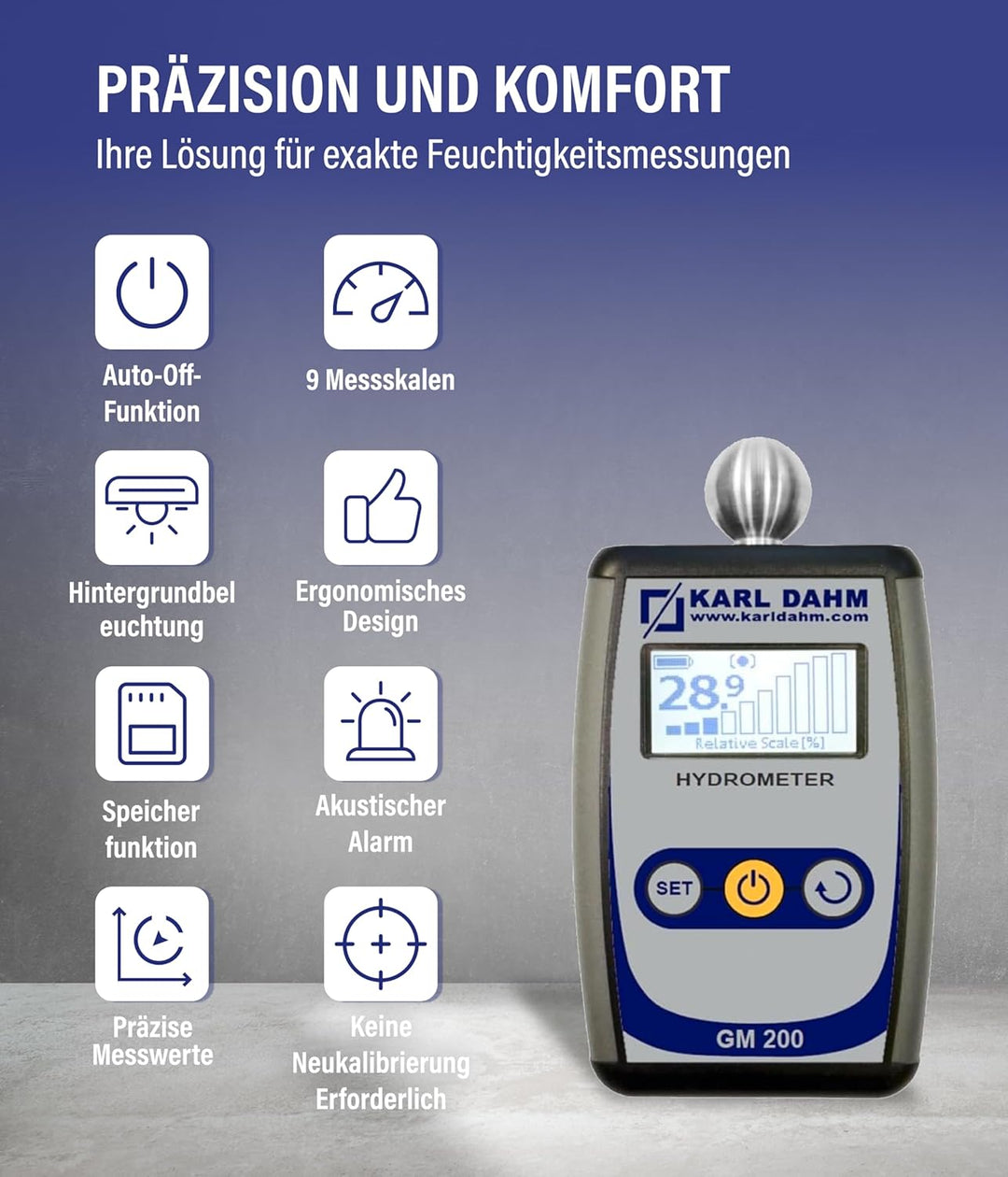 Karl Dahm Feuchtigkeitsmessgerät GM-200 mit Kugel I Perfekt geeignet um Zementestrich, Beton, Gipspu