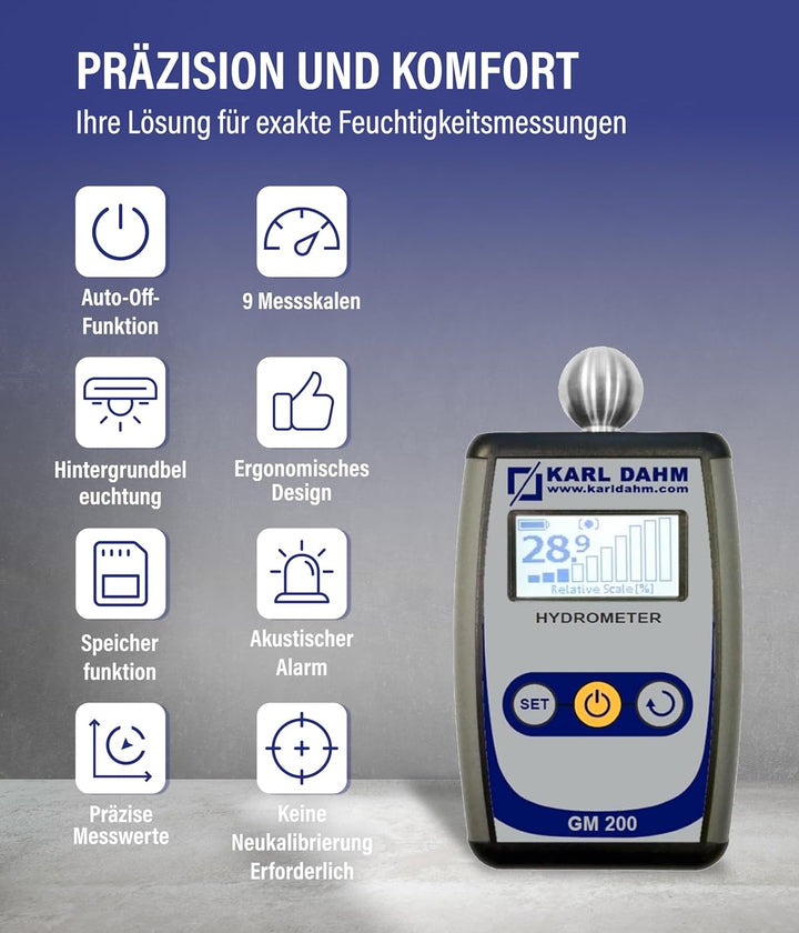 Karl Dahm Feuchtigkeitsmessgerät GM-200 mit Kugel I Perfekt geeignet um Zementestrich, Beton, Gipspu