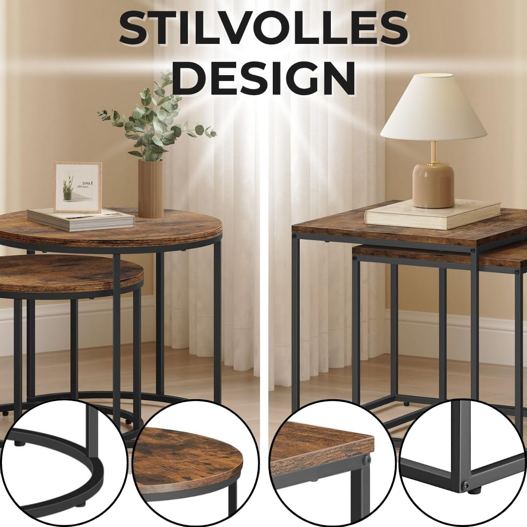 FORTENA 2er Set Couchtische, Schwarze oder goldene Metallbeine, Industrial-Stil, Raund (Rustikal – S