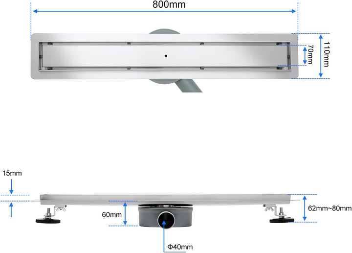Duschrinne Befliesbar 80cm Gebürstet, 360° Siphon mit Geruchsstop und Haarsieb, 304 Edelstahl Ablauf
