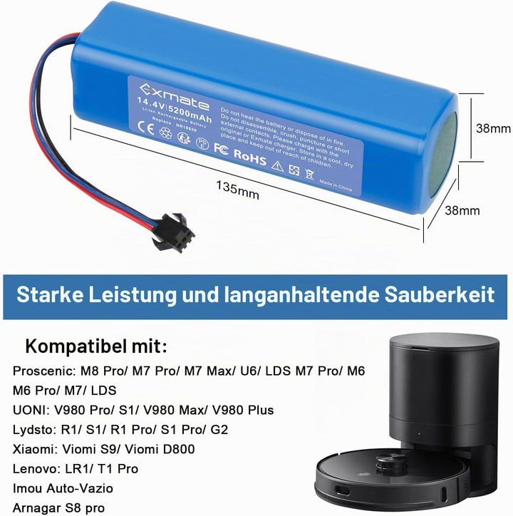 Exmate 14.4V 5200mAh Li-Ion Ersatzakku für Proscenic M7 Pro M8 Pro,LDS M7 Pro,M7 Max, U6/Lydsto R1/U