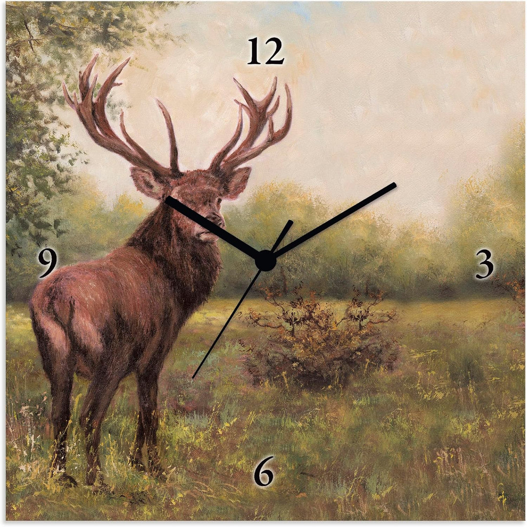 ARTLAND Wanduhr ohne Tickgeräusche Leinwand Quarzuhr 30x30 cm Quadratisch Lautlos Hirsch Tiere Wald