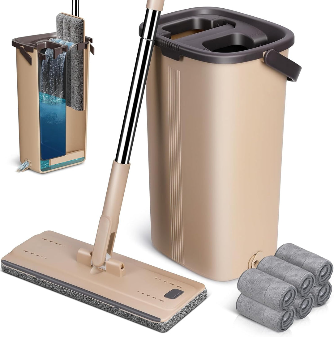 MASTERTOP Wischmopp Set und Putzeimer, Bodenwischer mit 6 Mikrofaser-Pads, Selbstreinigend Flach Mop