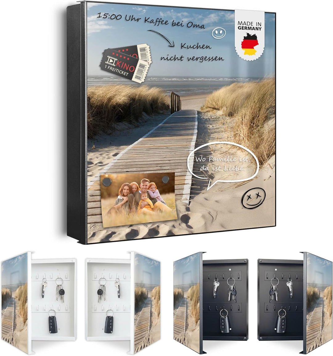 banjado® Grosser Schlüsselkasten Glas/Schlüsselbox 30cm x 30cm mit 50 Haken - Motiv Dünen/Schlüsselk