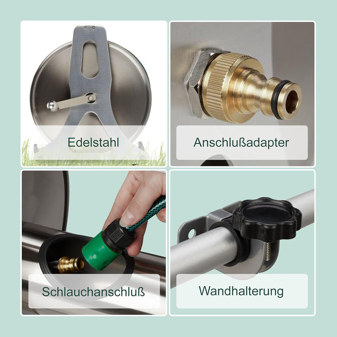 Relaxdays Schlauchtrommel, Edelstahl, für 50 m 1/2" Schlauch, Boden, Wand, HBT: 31 x 50 x 36 cm, Sch