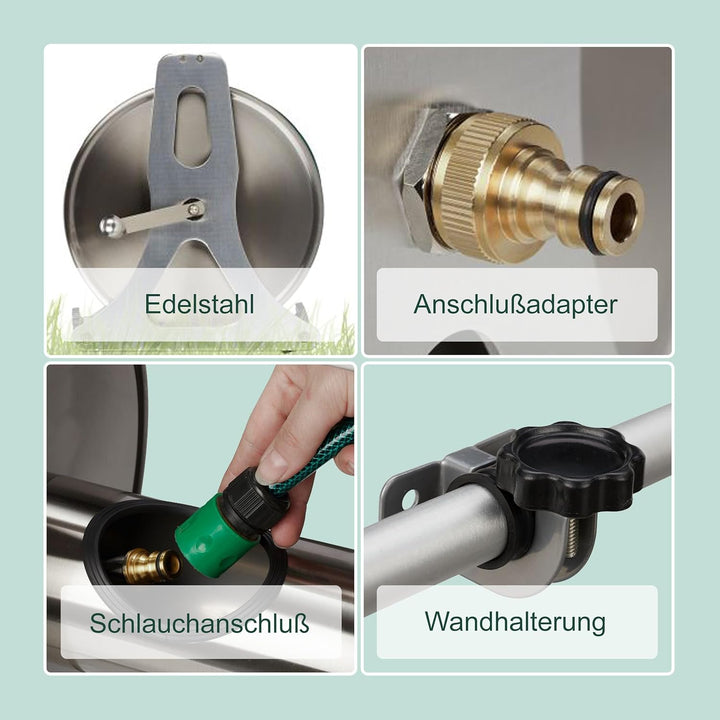 Relaxdays Schlauchtrommel, Edelstahl, für 50 m 1/2" Schlauch, Boden, Wand, HBT: 31 x 50 x 36 cm, Sch